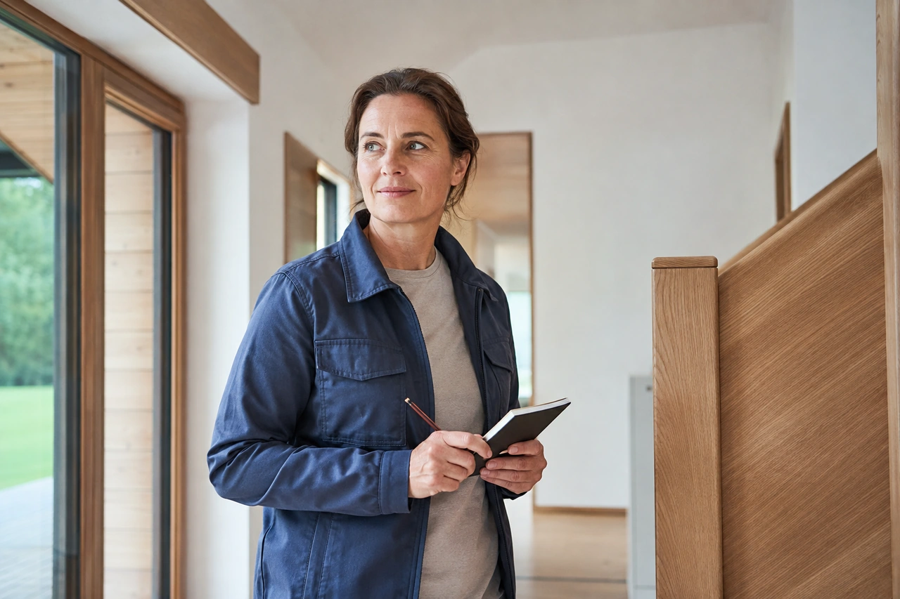 Symbolische Darstellung einer erfahrenen Handwerkerin in einem hellen Wohnhaus